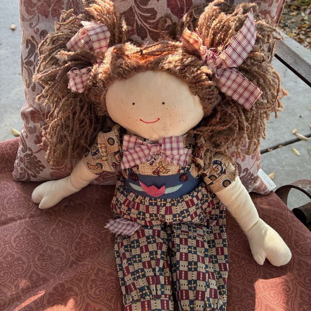 Handmade Rag Doll in Brown Plaid Outfit